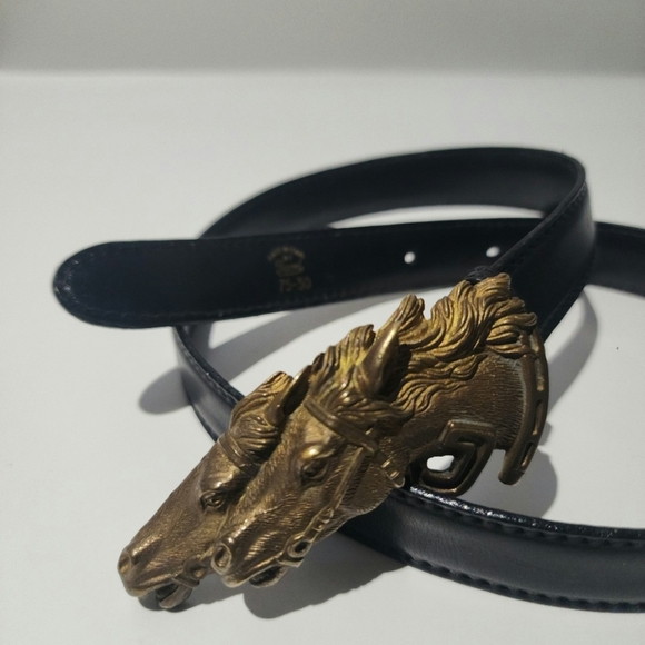 Rare Vintage x 70s Gucci Double Horse Head Bronze Buckle Leather Belt - Picture 4 of 10